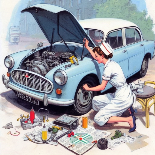 A_nurse_fixing_a_car_drawn_in_the_style_of_Martin_Atichison.jpg